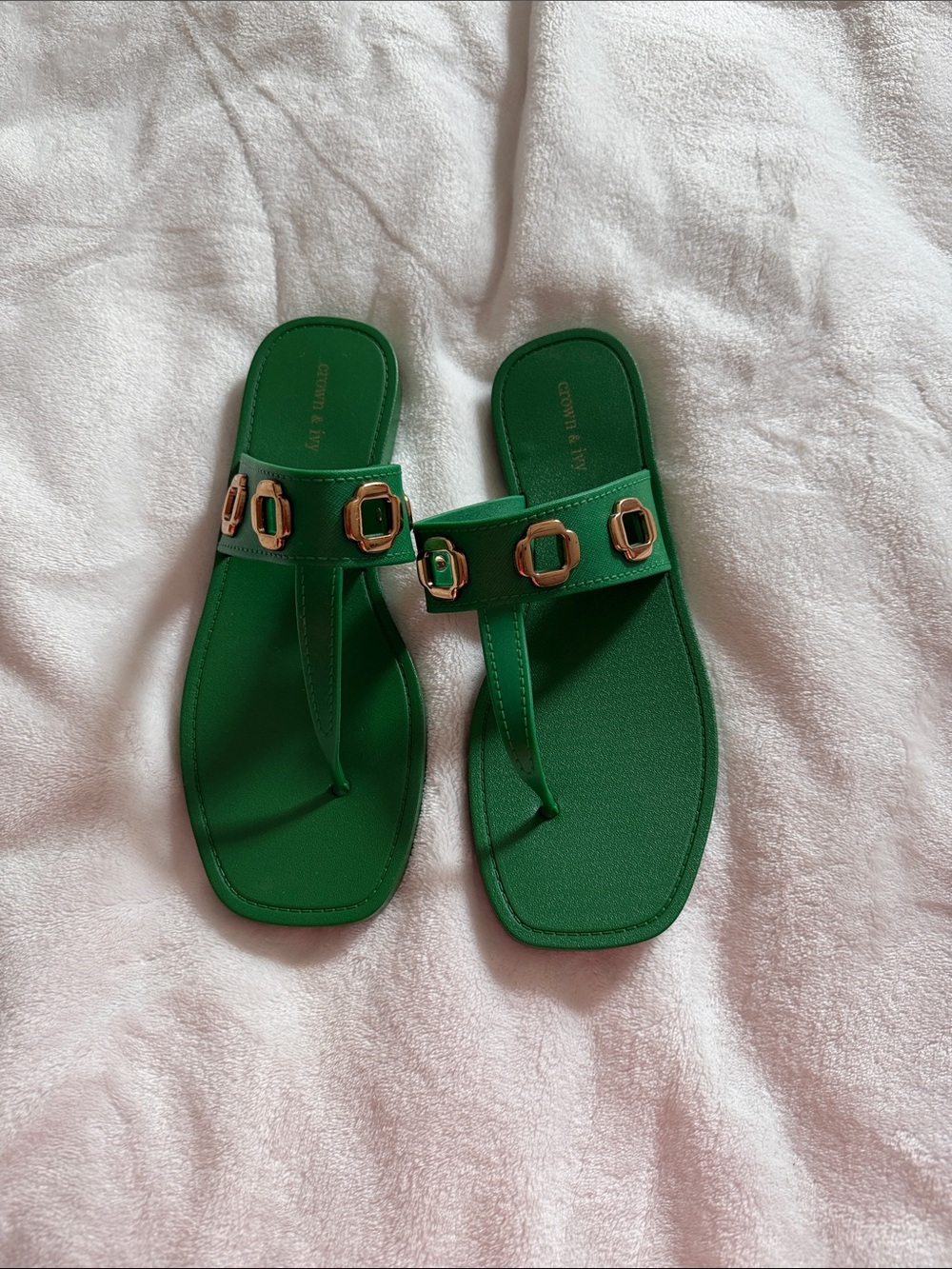 Green Women's T-Strap Sandals with Gold Buckle Accents